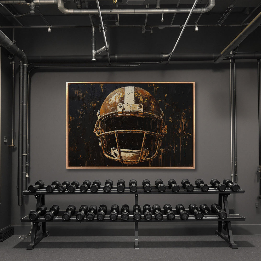 Framed Wall Art: Abstract football helmet in a gym setting. Rustic style with a black, gold, and white color palette. Perfect for modern decor.