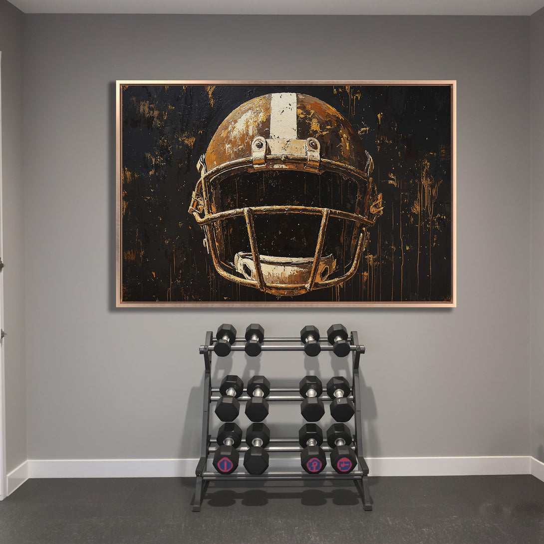 Framed Wall Art: Abstract football helmet art in a modern style. Features a black and gold color palette, perfect for sports fans.