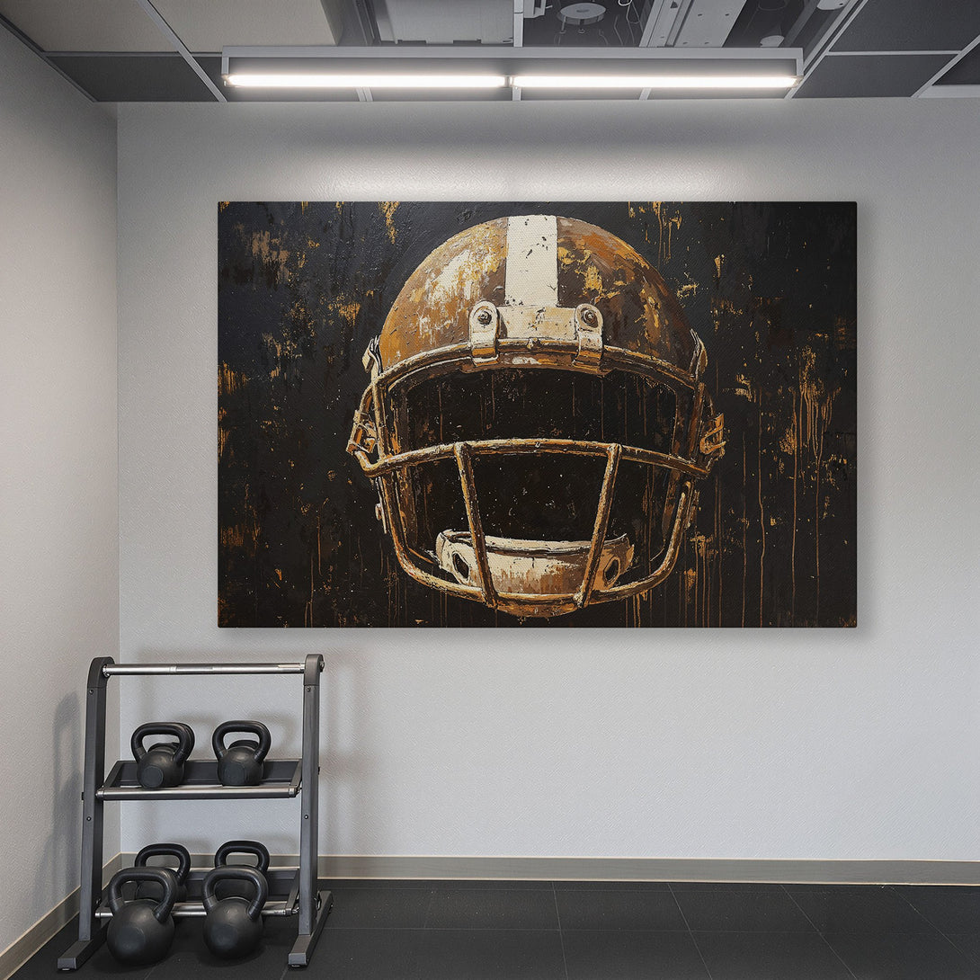 Framed Wall Art: Abstract football helmet canvas print with a dark, textured background. Adds a bold statement to any space, featuring a warm, earthy color palette.