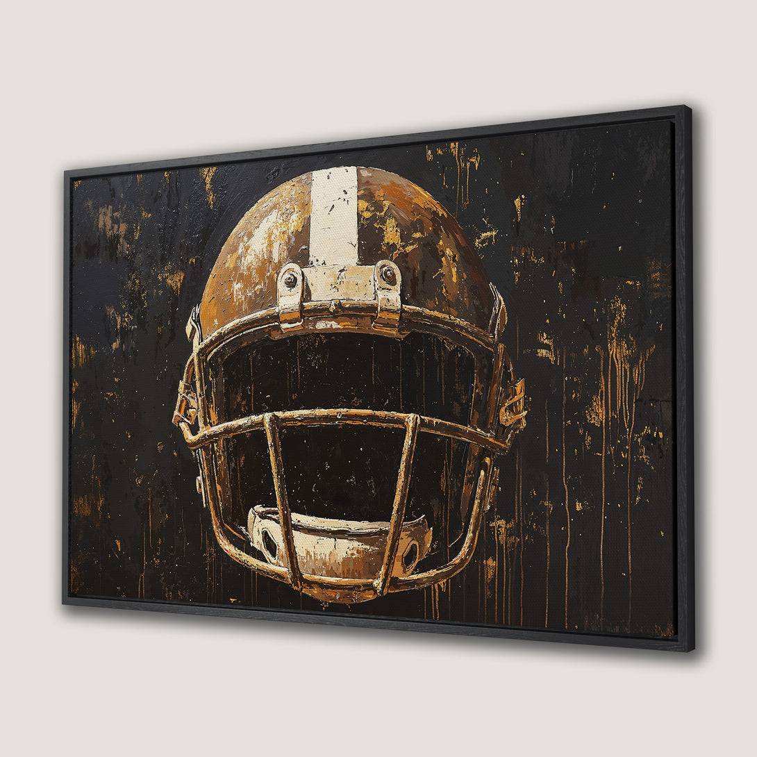 Framed Wall Art: Football helmet canvas print in a modern, abstract style with a black and gold color palette. Elevate your space with this unique artwork!