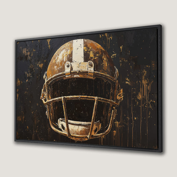 Framed Wall Art: Football helmet canvas print in a modern, abstract style with a black and gold color palette. Elevate your space with this unique artwork!