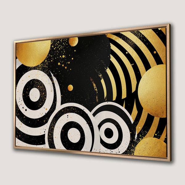 Framed Wall Art featuring abstract geometric design in black, white, and gold. Modern art for your home decor.