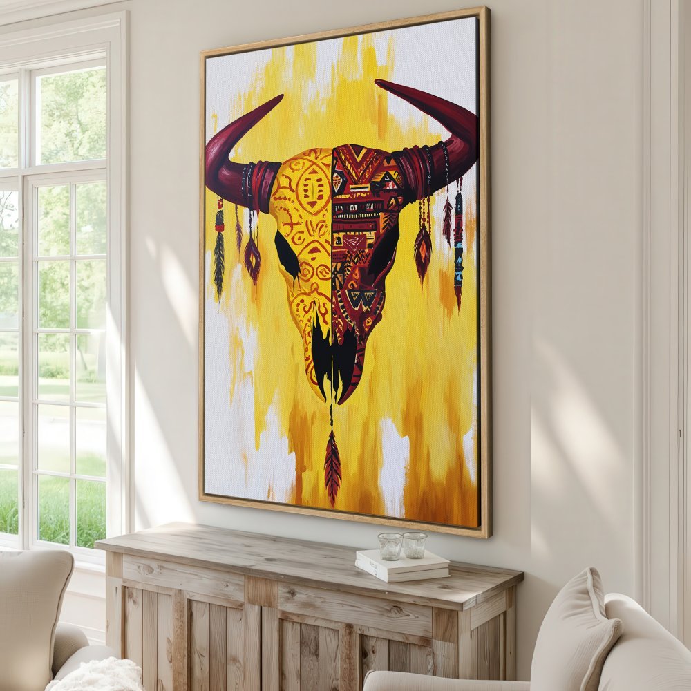 Framed Wall Art: Tribal bull skull canvas print, vibrant yellow and red palette, boho style, perfect for living room decor.