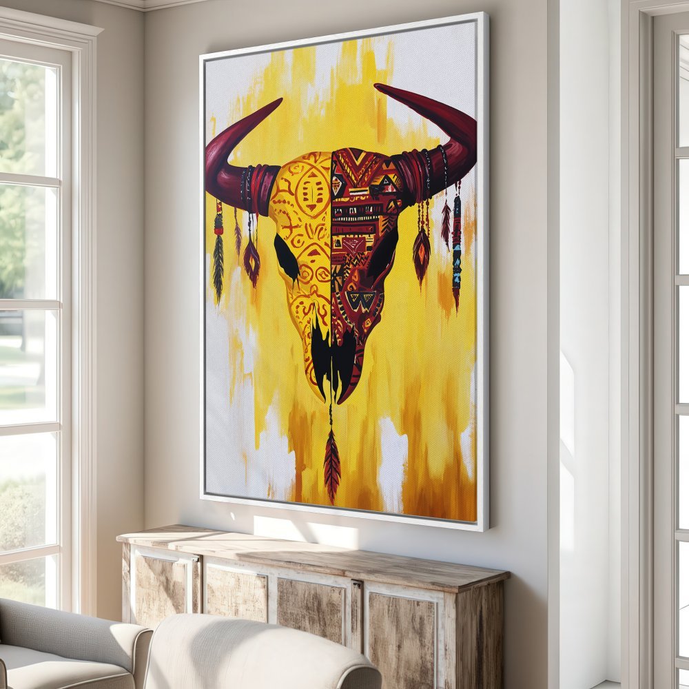 Framed Wall Art: Bold bull skull painting in a vibrant yellow, red, and brown palette. Add a touch of boho style to your home!
