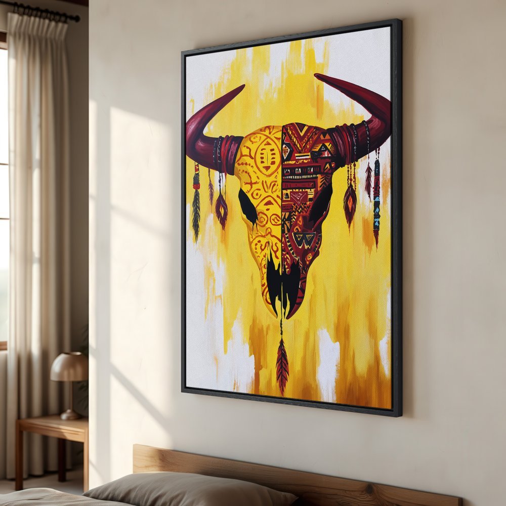 Framed Wall Art: Boho bull skull canvas print in yellow and red. Add a touch of Southwestern style to your home decor.