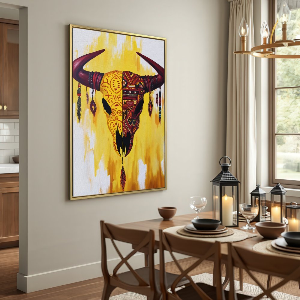 Canvas Print of a tribal bull skull art, featuring a yellow and red color palette, perfect for boho home decor.