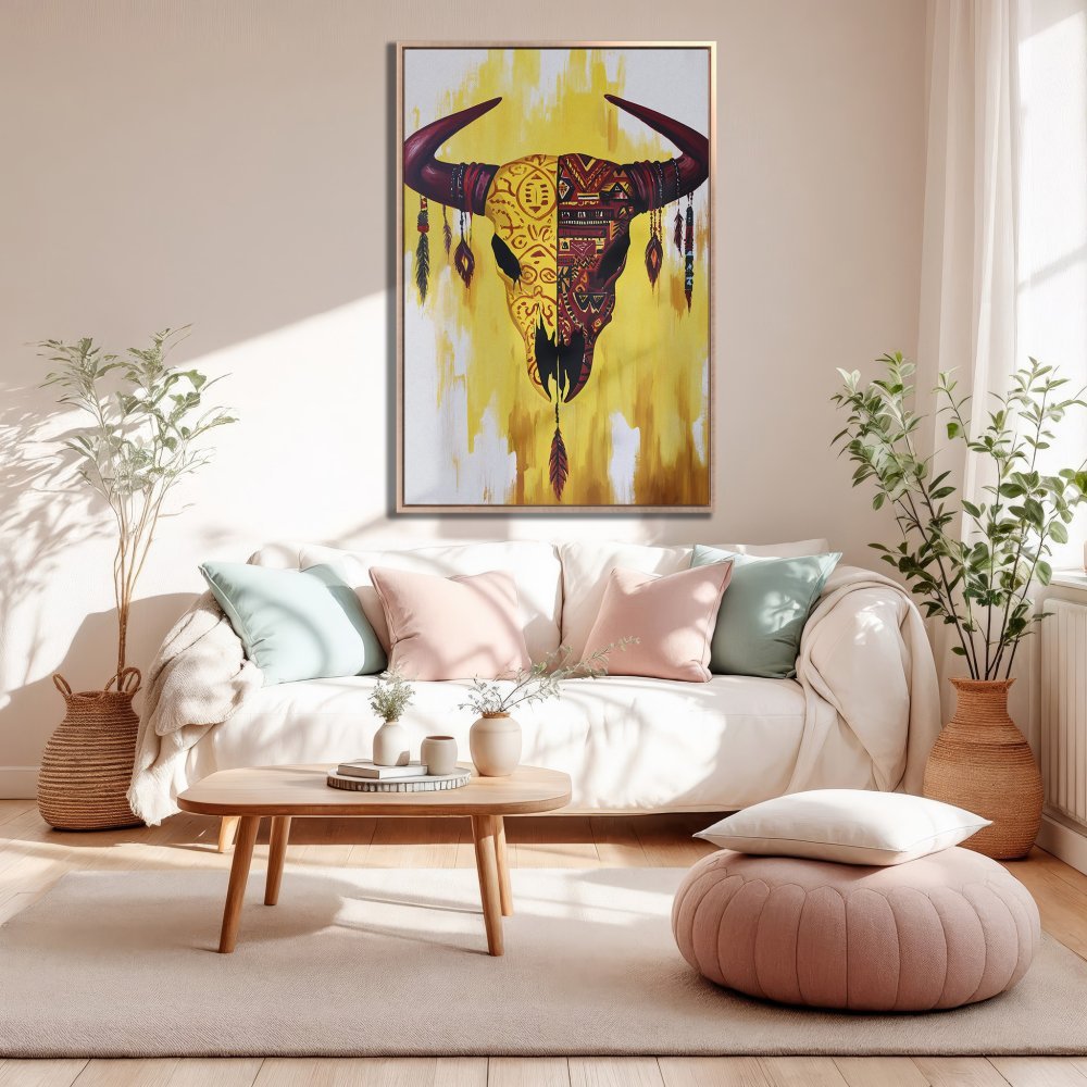 Framed Wall Art: Tribal bull skull canvas print in warm yellow & red tones. Boho style art for living room decor.