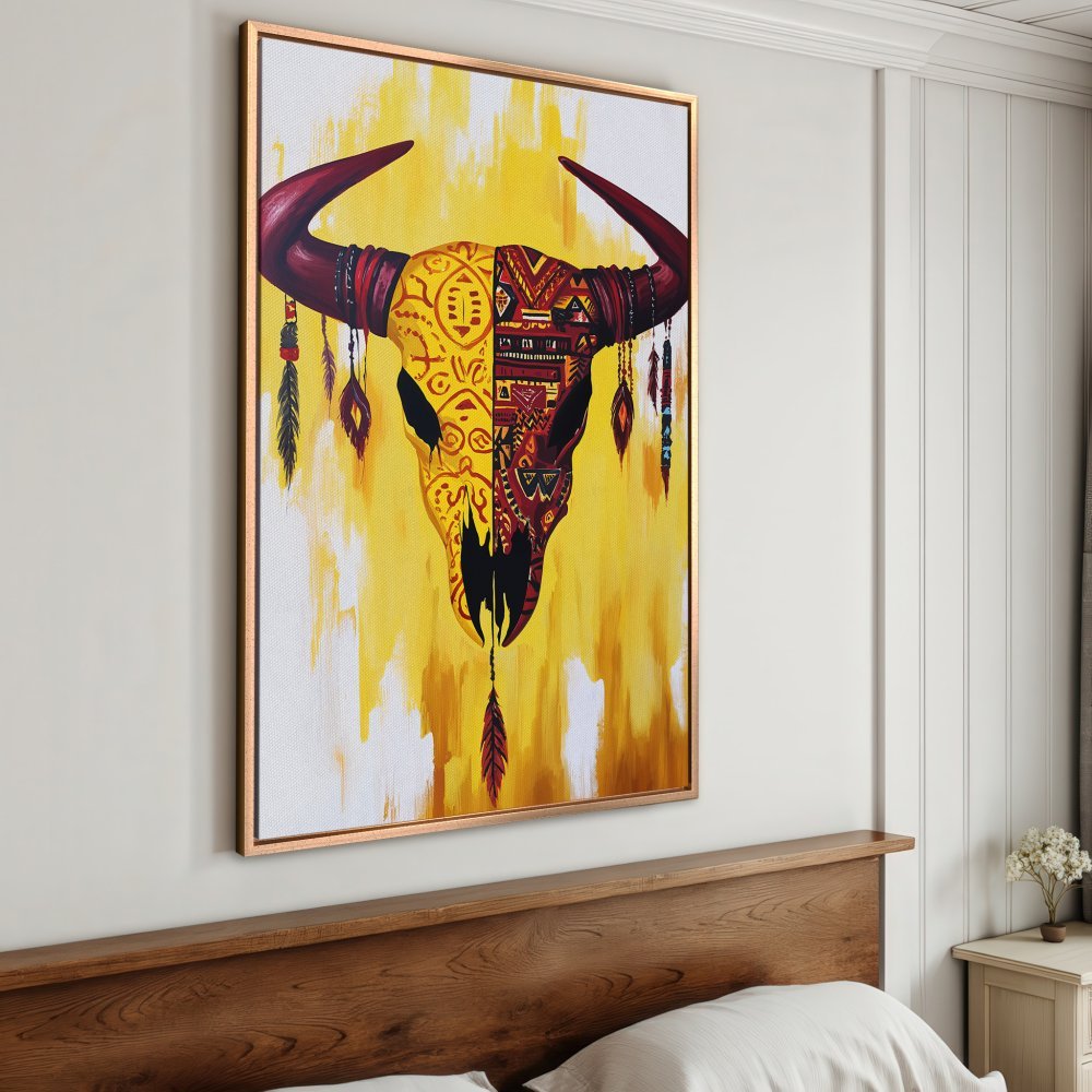 Framed Wall Art: Tribal bull skull canvas print in warm yellow and red tones. Boho style art perfect for bedroom decor.