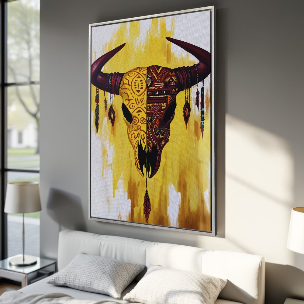 Framed Wall Art: Tribal bull skull canvas print in warm yellow, red, and brown tones. Perfect for adding bohemian style to your bedroom decor.