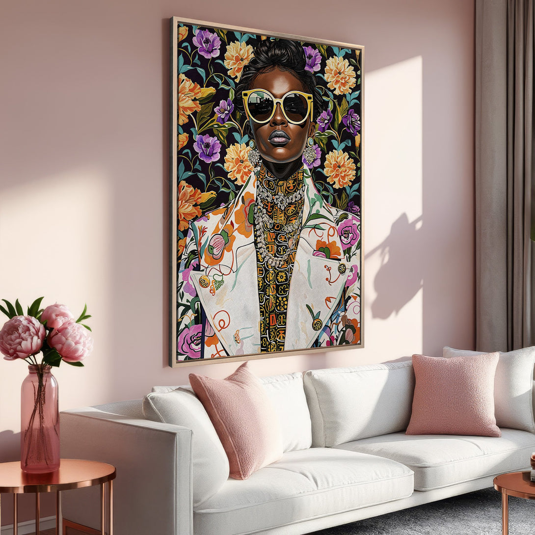 Framed Wall Art: Bold portrait with floral background, featuring a stylish woman. Vibrant colors in a modern interior setting. Elevate your space!