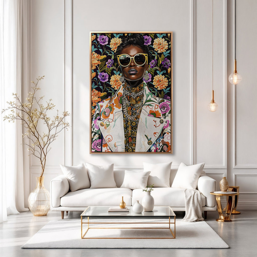 Framed Wall Art: Stylish portrait of a woman with floral background. Vibrant colors and bold design, perfect for modern home decor. Add art to your space!