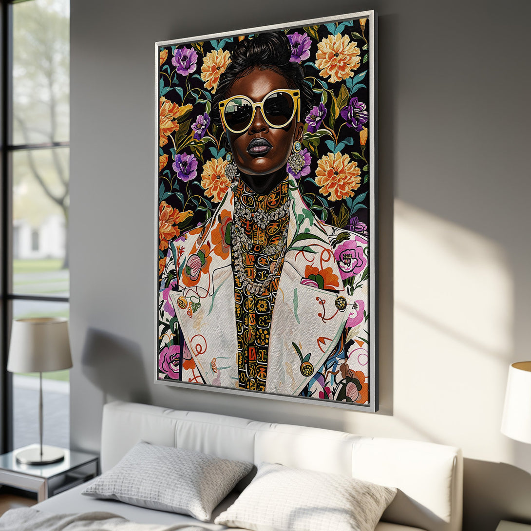 Framed Wall Art featuring a stylish woman with floral background. Vibrant colors and bold design create a striking statement piece for modern decor.