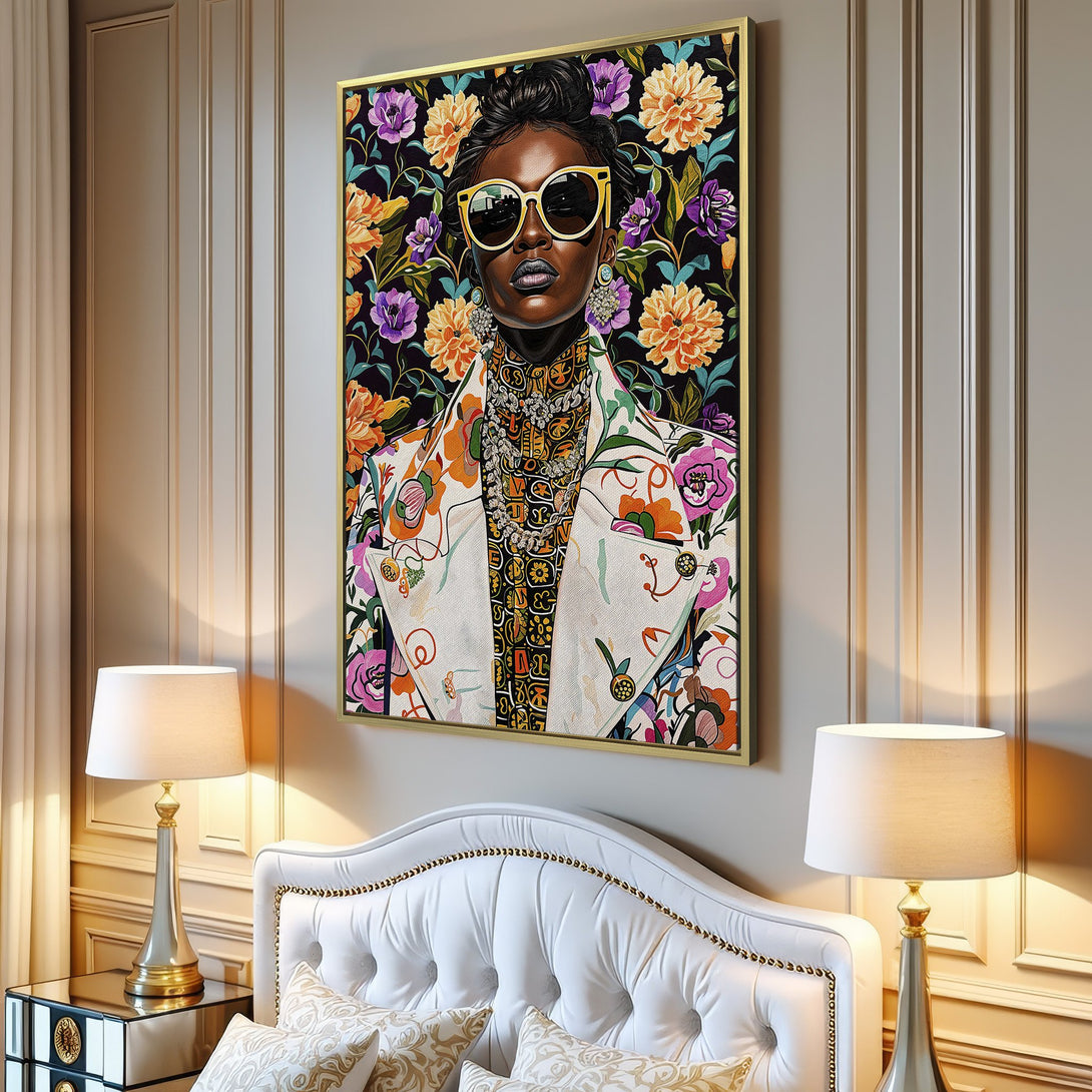 Canvas Print featuring a stylish woman with sunglasses against a floral background. Vibrant colors: orange, purple, and yellow. Perfect wall art for your home!