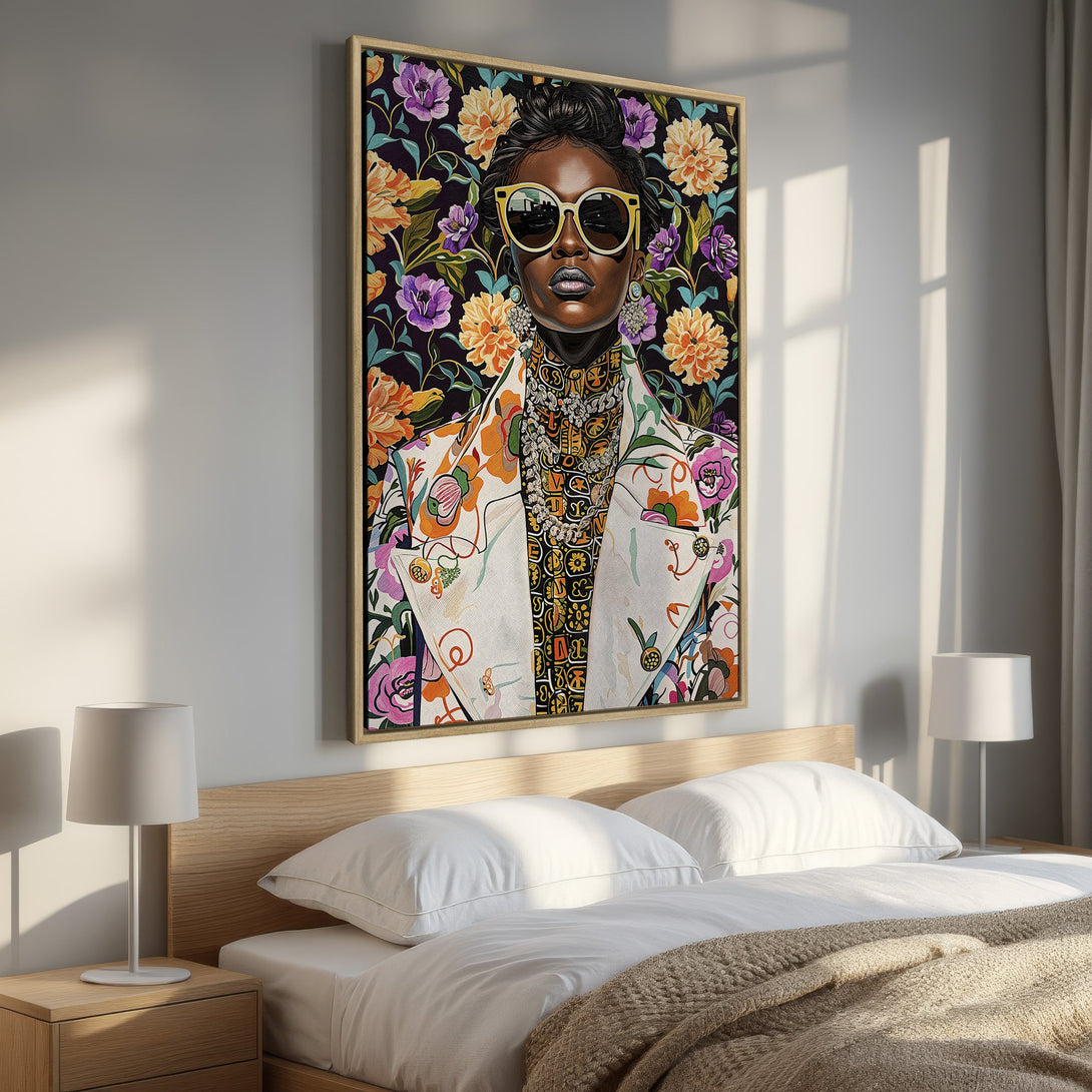 Framed Wall Art: Bold portrait of a woman with floral background. Vibrant colors and stylish design. Perfect for bedroom decor!