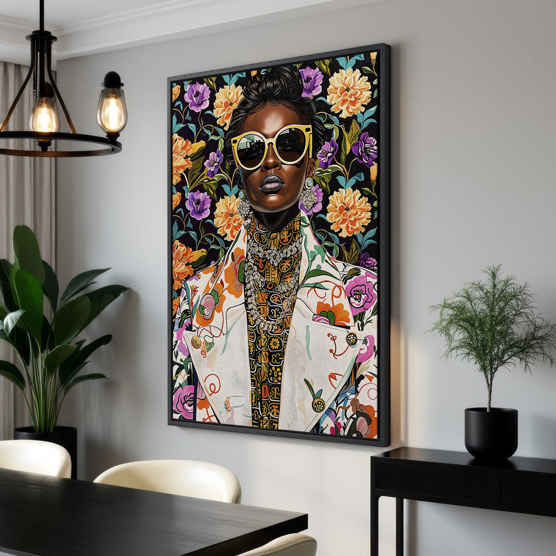 Framed Wall Art: Bold portrait of a woman with floral background, vibrant colors. Modern art for home decor. Shop Canvas Prints for your space!