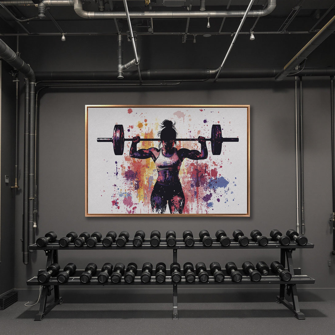 Framed Wall Art: Watercolor style Canvas Print of a woman lifting weights, vibrant splashes of color. Perfect gym decor!