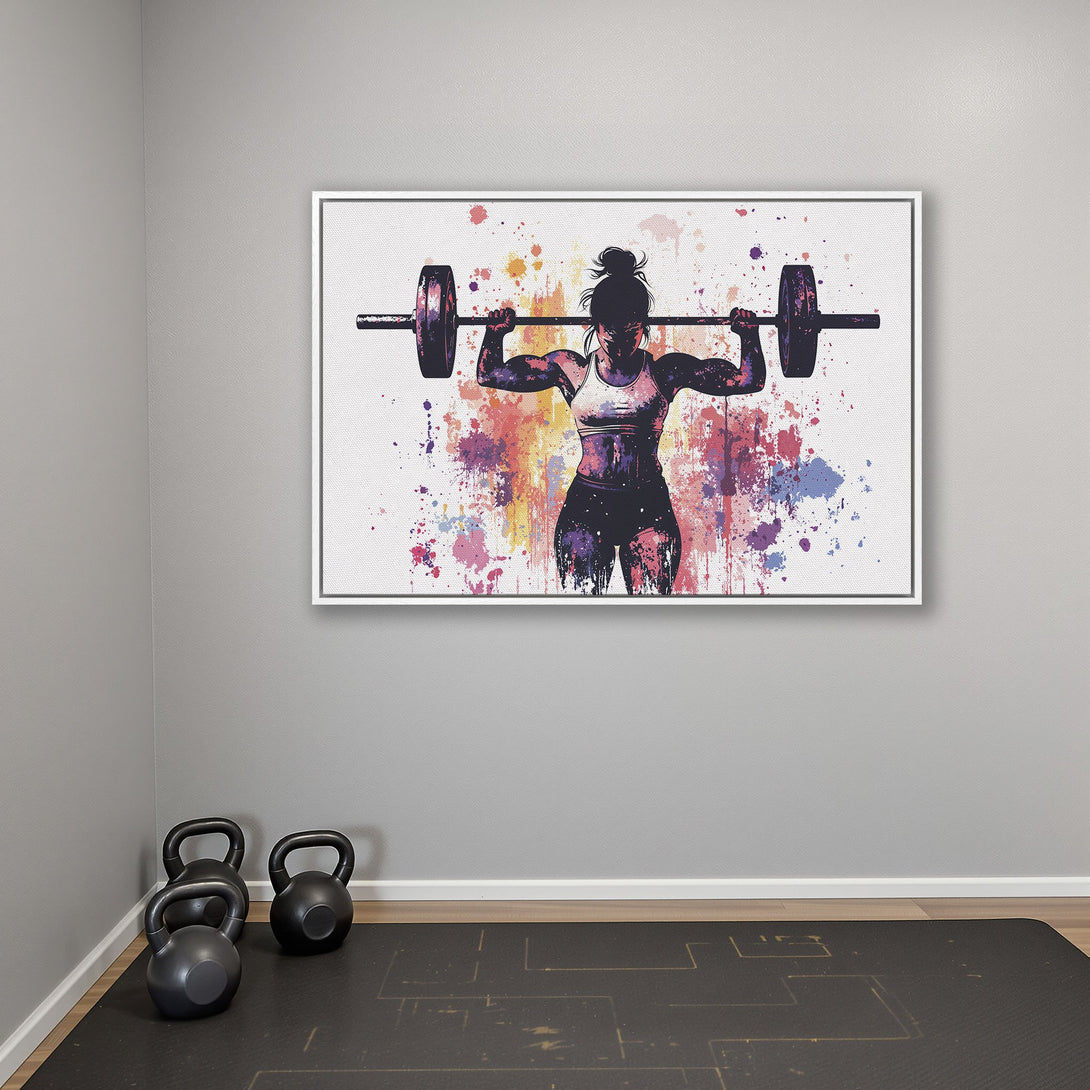 Framed Wall Art: Watercolor-style Canvas Print of a female weightlifter. Bold colors, purple, orange, and blue. Perfect for gym decor.