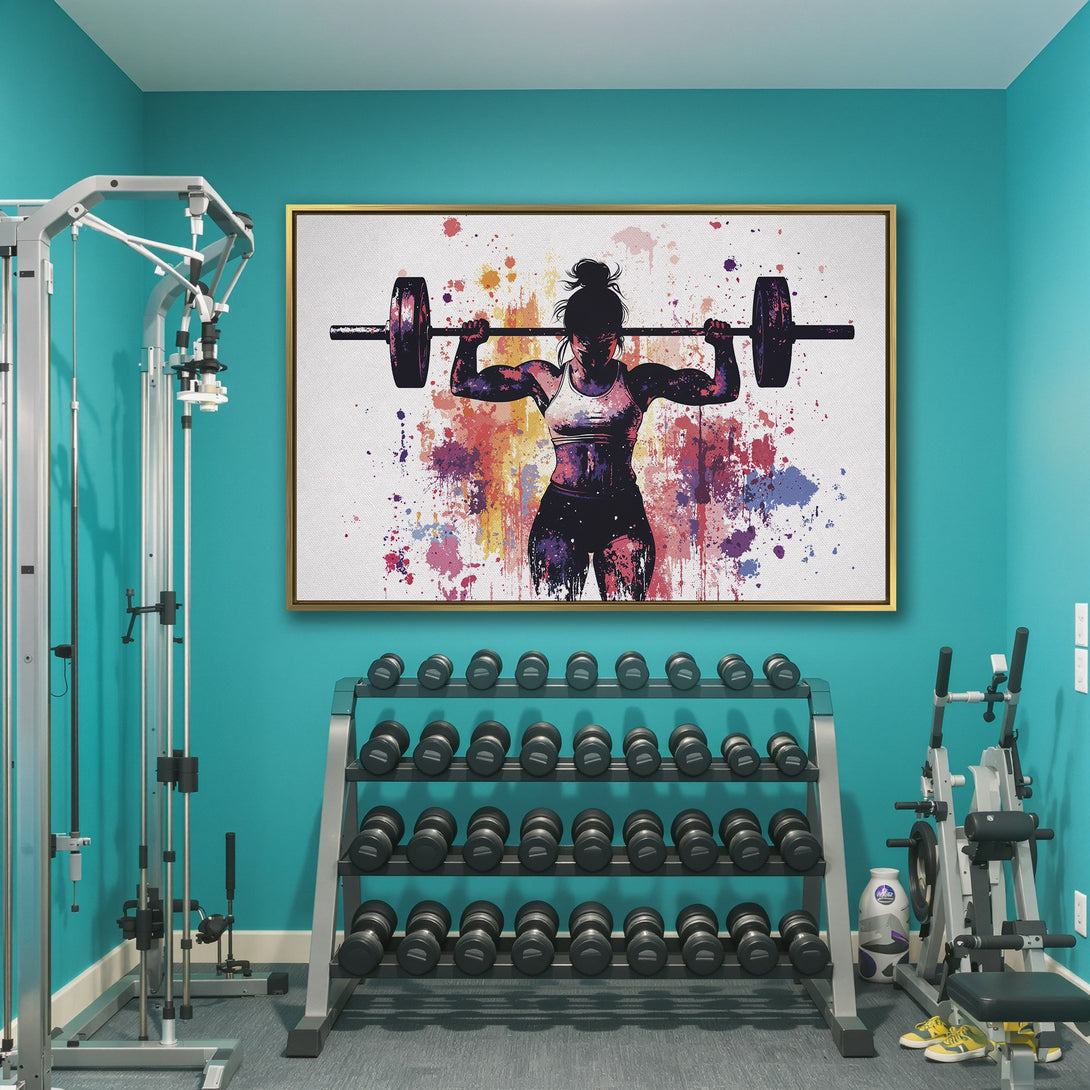 Canvas Print of a weightlifting woman with colorful watercolor splashes. Modern art, vibrant color palette. Perfect for gym or home decor.