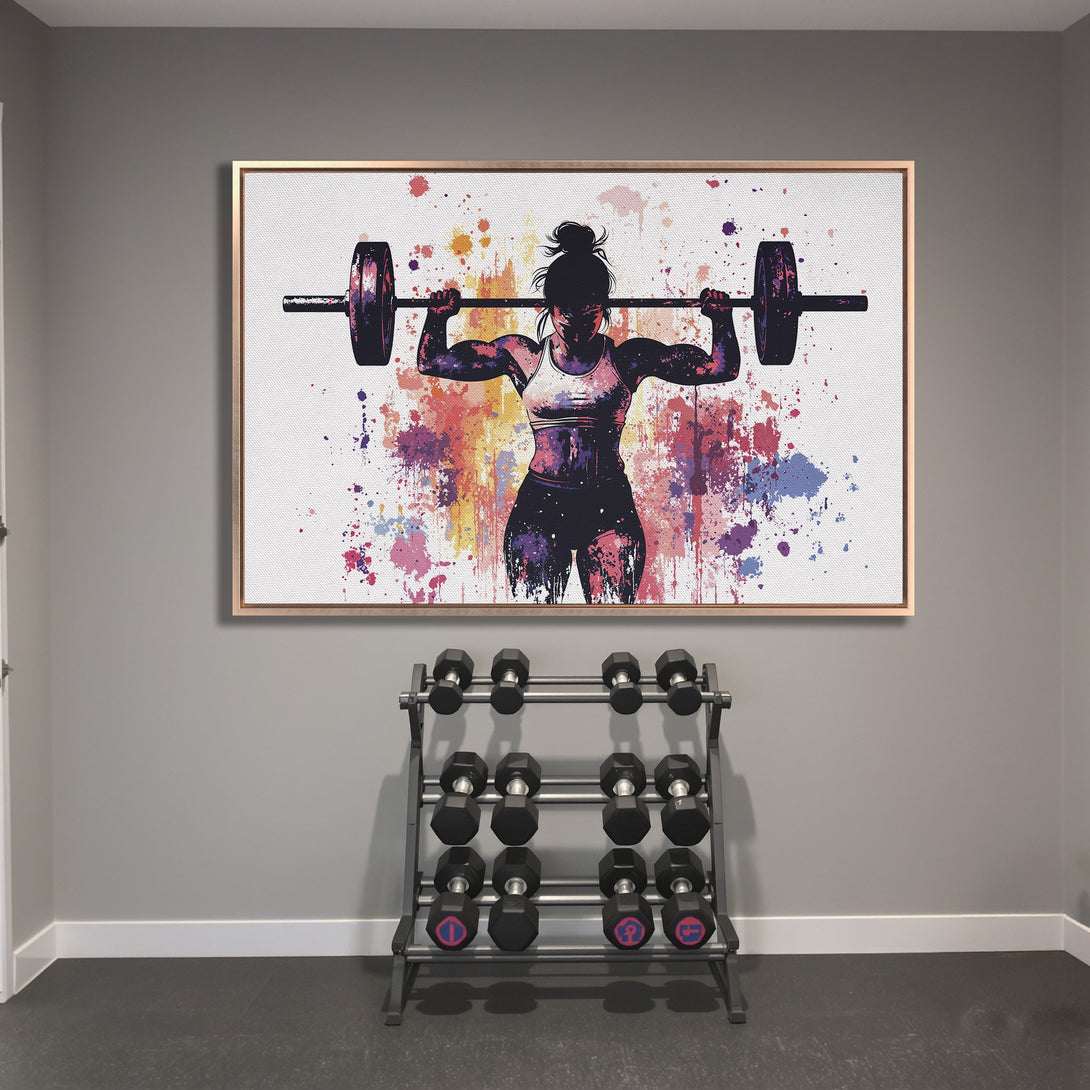 Framed Wall Art: Powerful woman lifting weights. Abstract watercolor style, vibrant purple, orange, and black color palette. Perfect for gym decor!