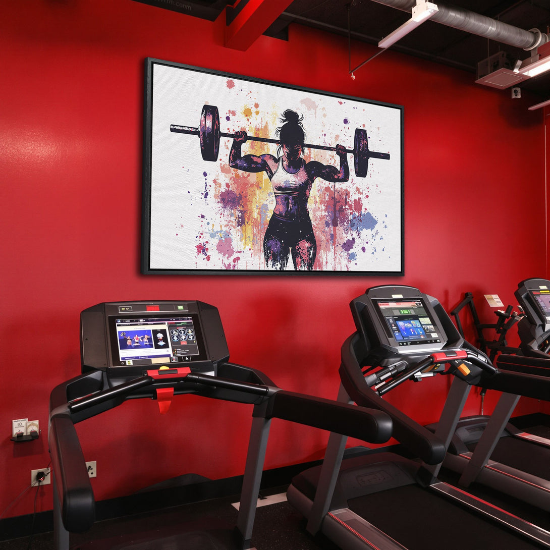 Framed Wall Art: Powerful female weightlifter in watercolor style, vibrant colors. Perfect gym decor! Adds a pop of art to any space.