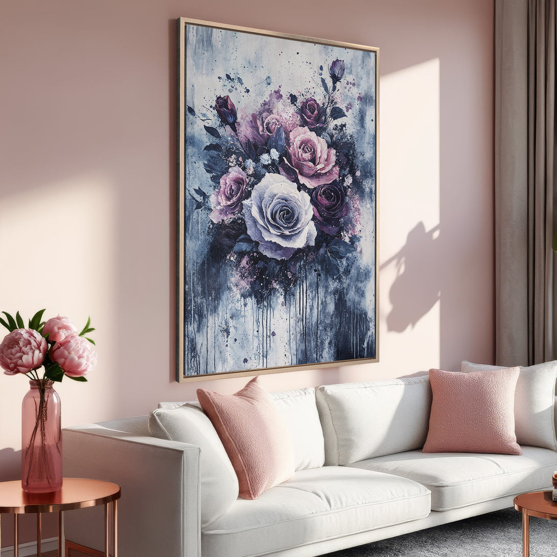 Framed Wall Art: Elegant floral canvas print in watercolor style, featuring roses in shades of purple and pink. Perfect for adding a touch of art to your home.