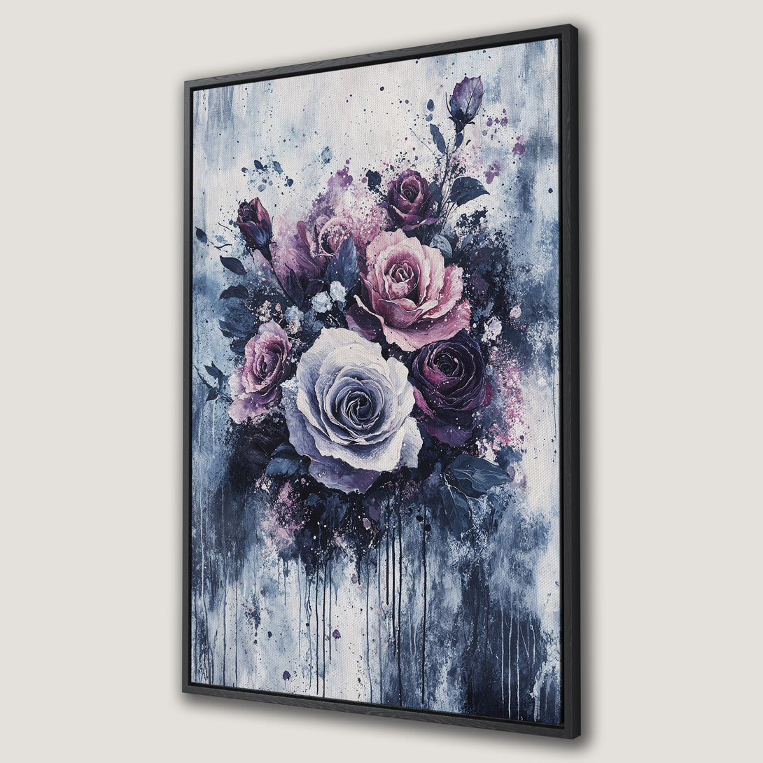 Framed Wall Art: Abstract floral Canvas Print in moody blues and purples. Perfect for adding a touch of elegance to your home decor. Shop now!
