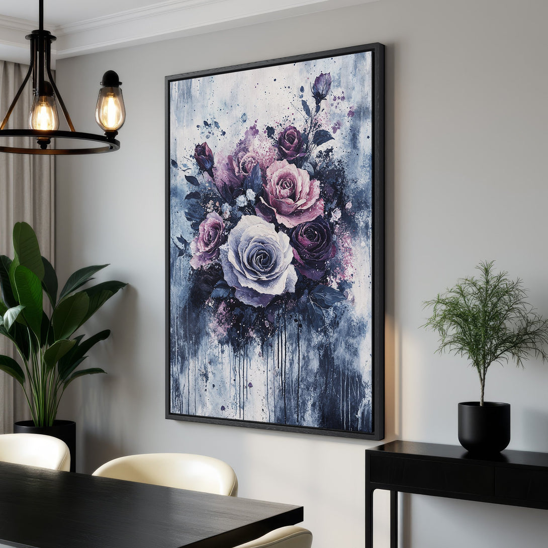 Framed Wall Art: Elegant rose bouquet canvas print in watercolor style. Features a moody purple and blue color palette, perfect for adding sophistication to any room.