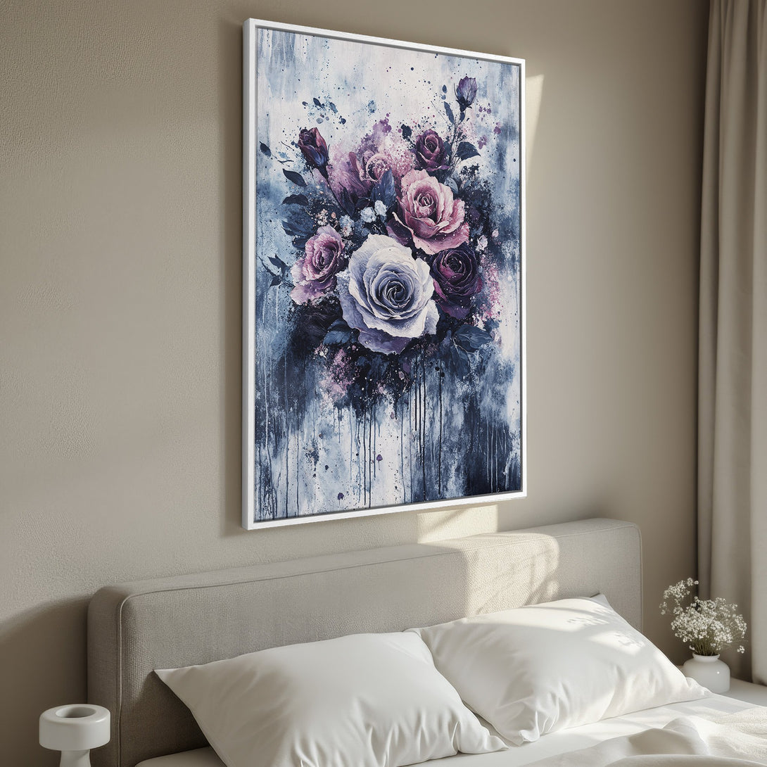 Framed Wall Art featuring a watercolor floral bouquet in shades of purple and blue. Perfect for adding a touch of elegance to any room.