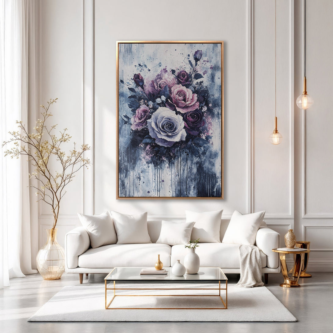 Framed Wall Art: Abstract floral painting in purple & blue hues. Modern canvas print adds elegance to any living room. Shop now for stylish home decor!