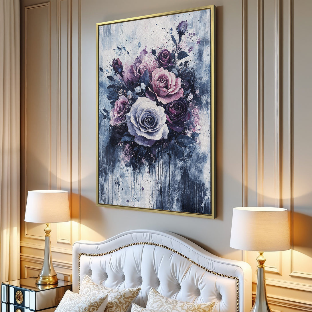 Canvas Print featuring a watercolor floral bouquet in shades of purple and blue, adding elegance to any interior.