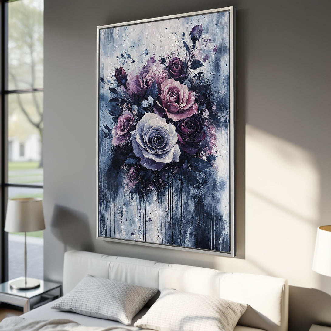 Framed Wall Art: Abstract floral canvas print in purple, blue, and white. Perfect for bedroom decor. Add elegance with this stunning artwork!