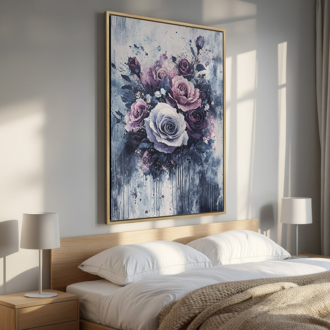 Framed Wall Art: Stunning floral Canvas Print in a bedroom. Features a watercolor style with purple, white, and blue hues. Elevate your space!