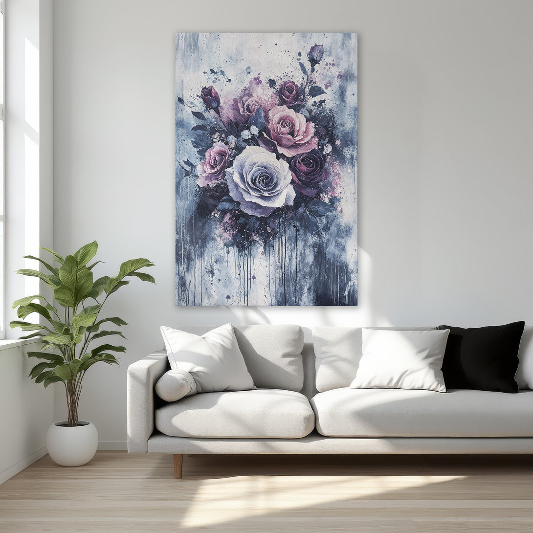 Framed Wall Art featuring a stunning floral bouquet in shades of purple and blue. Perfect for adding elegance and style to your home decor.