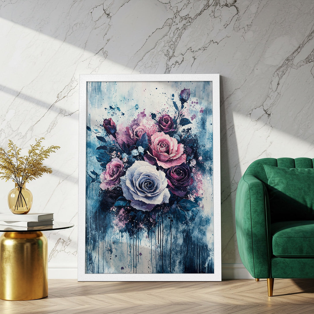 Framed Poster featuring watercolor roses in pink, purple, and blue hues. Perfect floral art for your home decor.