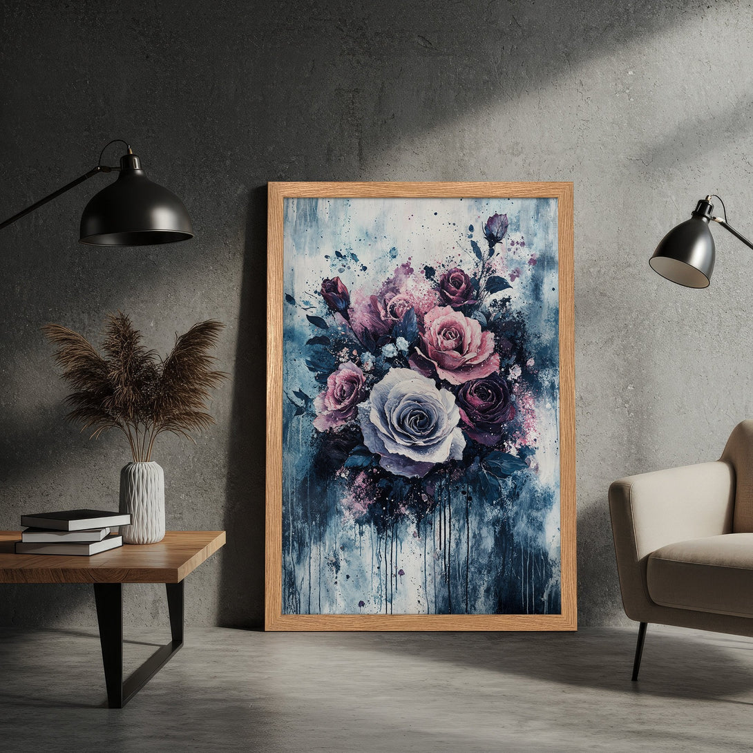 Framed Poster featuring a watercolor floral art print. Romantic roses in shades of pink, purple, and blue. Perfect wall decor.