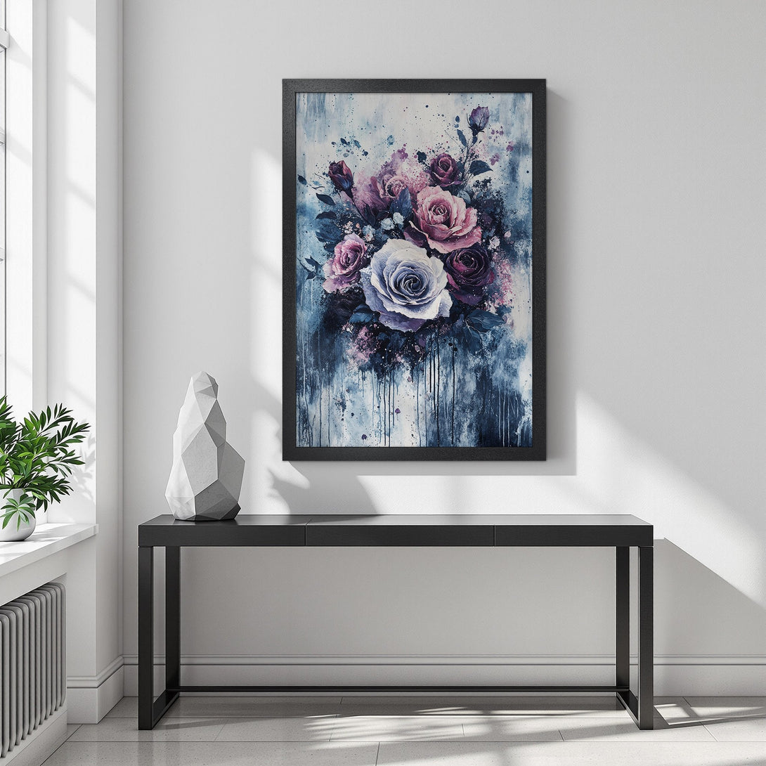 Framed Poster featuring a watercolor floral design in blue, purple, and pink hues. Add a touch of elegance with this beautiful art poster.