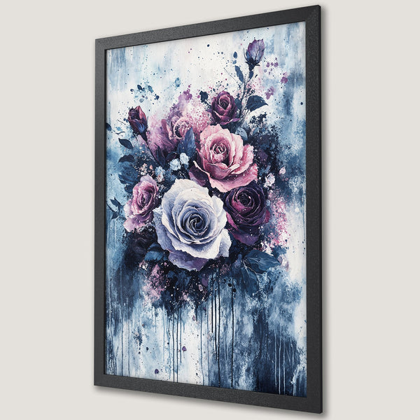 Framed Poster featuring a watercolor bouquet of roses in purple and pink hues, perfect wall art for any room.