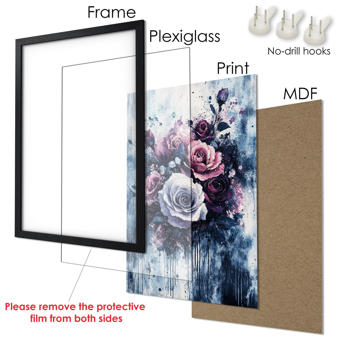 Framed Poster featuring a floral watercolor design with roses in a blue, purple, and white color palette. Add elegance to your space!
