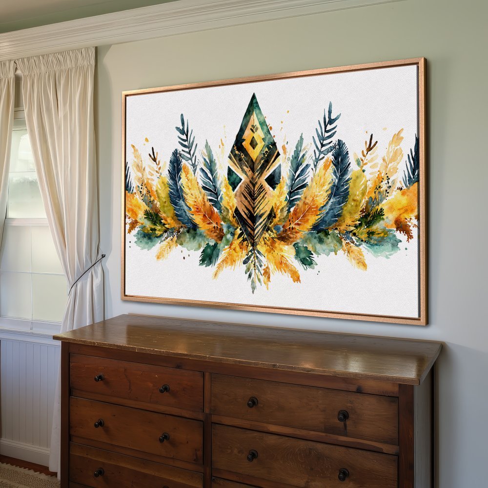 Framed Wall Art: Watercolor feather design in warm yellow, blue, and green tones. Perfect for boho decor. Canvas Print.