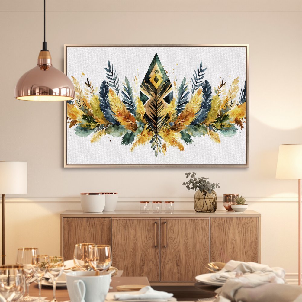 Framed Wall Art: Watercolor feather design in gold, teal, and yellow. Boho style canvas print adds elegance to your home decor.