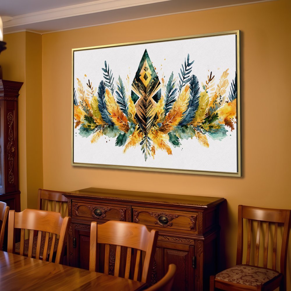 Canvas Print: Watercolor feather art in warm yellow, blue & green tones. Perfect boho wall decor for your living room!