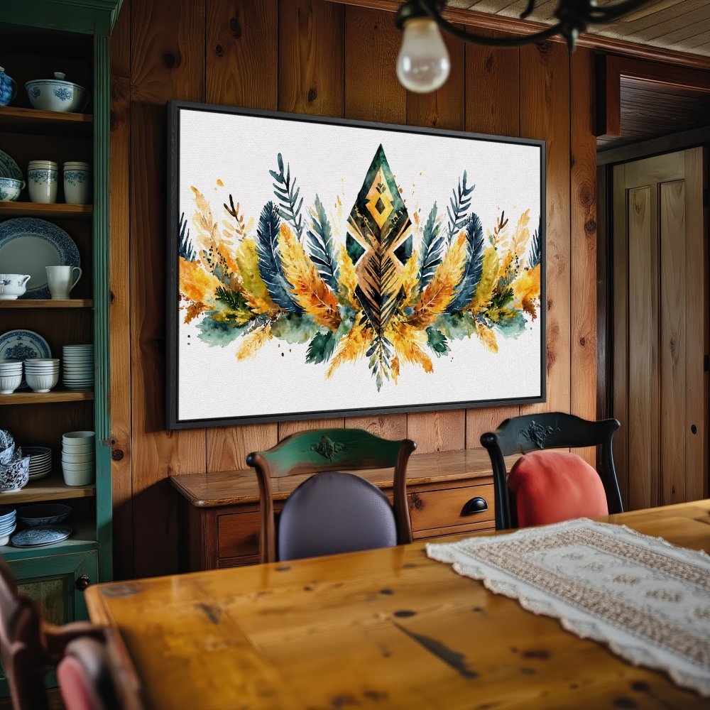 Framed Wall Art: Watercolor feather design in warm yellow, blue, and green tones, perfect for adding boho style to your home decor.