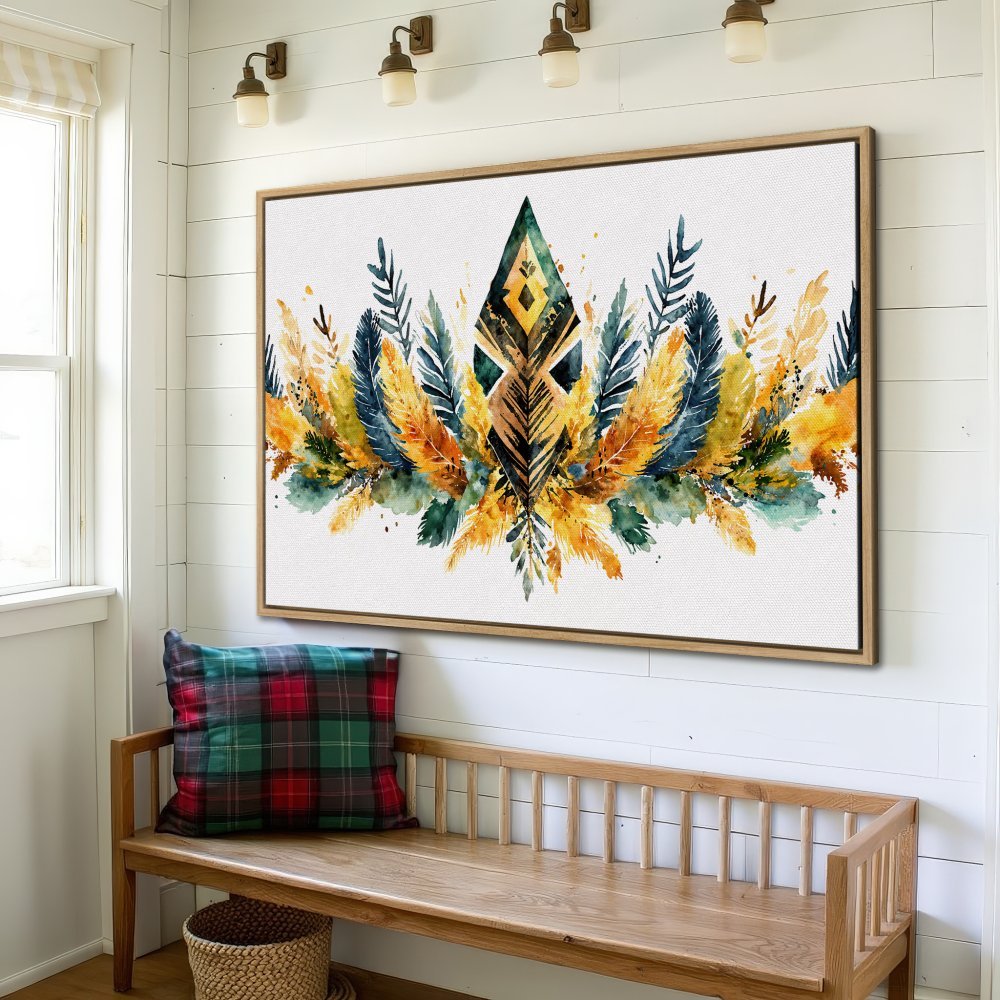Canvas Print featuring watercolor feathers in a vibrant yellow, blue, and green palette. Boho-inspired framed wall art for your home decor.