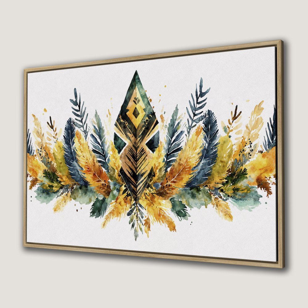 Watercolor Canvas Print: Bohemian feather art in warm yellow, teal, and gold tones. Perfect framed wall art for a stylish home.