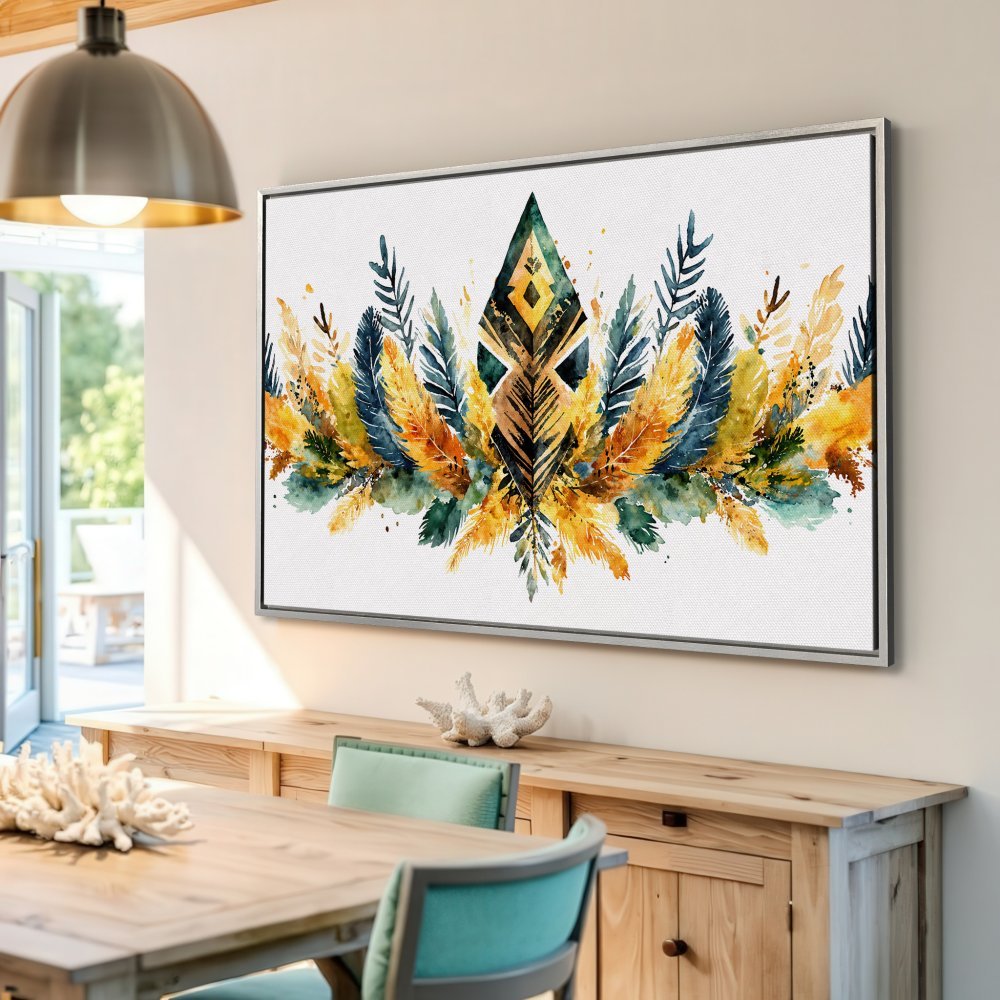 Framed Wall Art featuring a watercolor feather design in warm yellow, blue, and green hues. Perfect for adding a touch of boho style to your home.