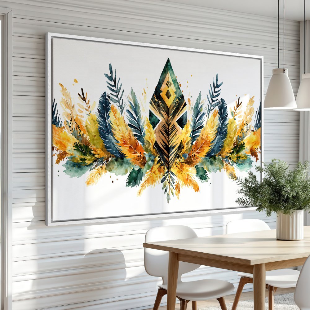 Framed Wall Art: Watercolor feather design in warm yellow, green, and blue hues. Perfect for adding bohemian style to your home decor.