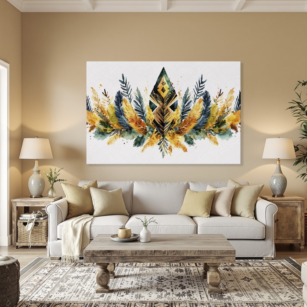 Framed Wall Art featuring a watercolor feather design in a bohemian style. Warm yellow, green, and blue color palette. Perfect for adding a touch of art to your home!