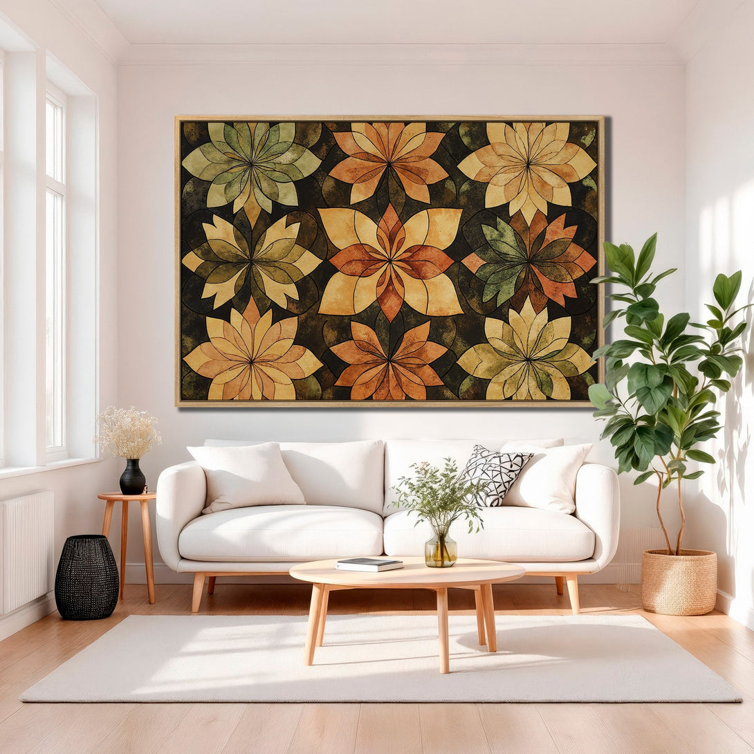 Framed Wall Art featuring floral pattern in warm earth tones. Modern decor with a botanical design, perfect for living room or bedroom. Canvas Print.