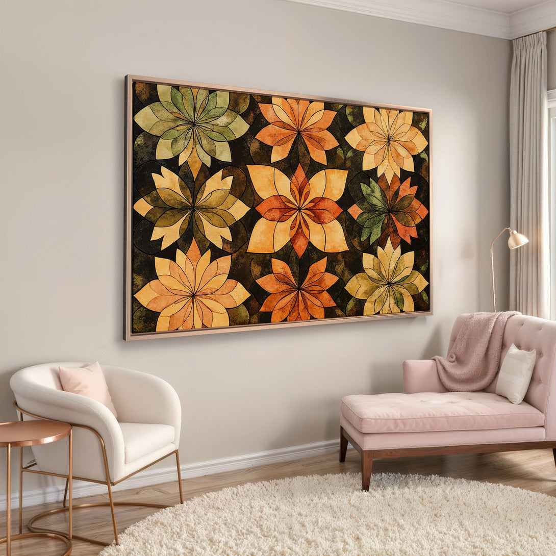 Framed Wall Art: Abstract floral design in warm earth tones. Adds a touch of elegance to any room. Perfect for living rooms and bedrooms.