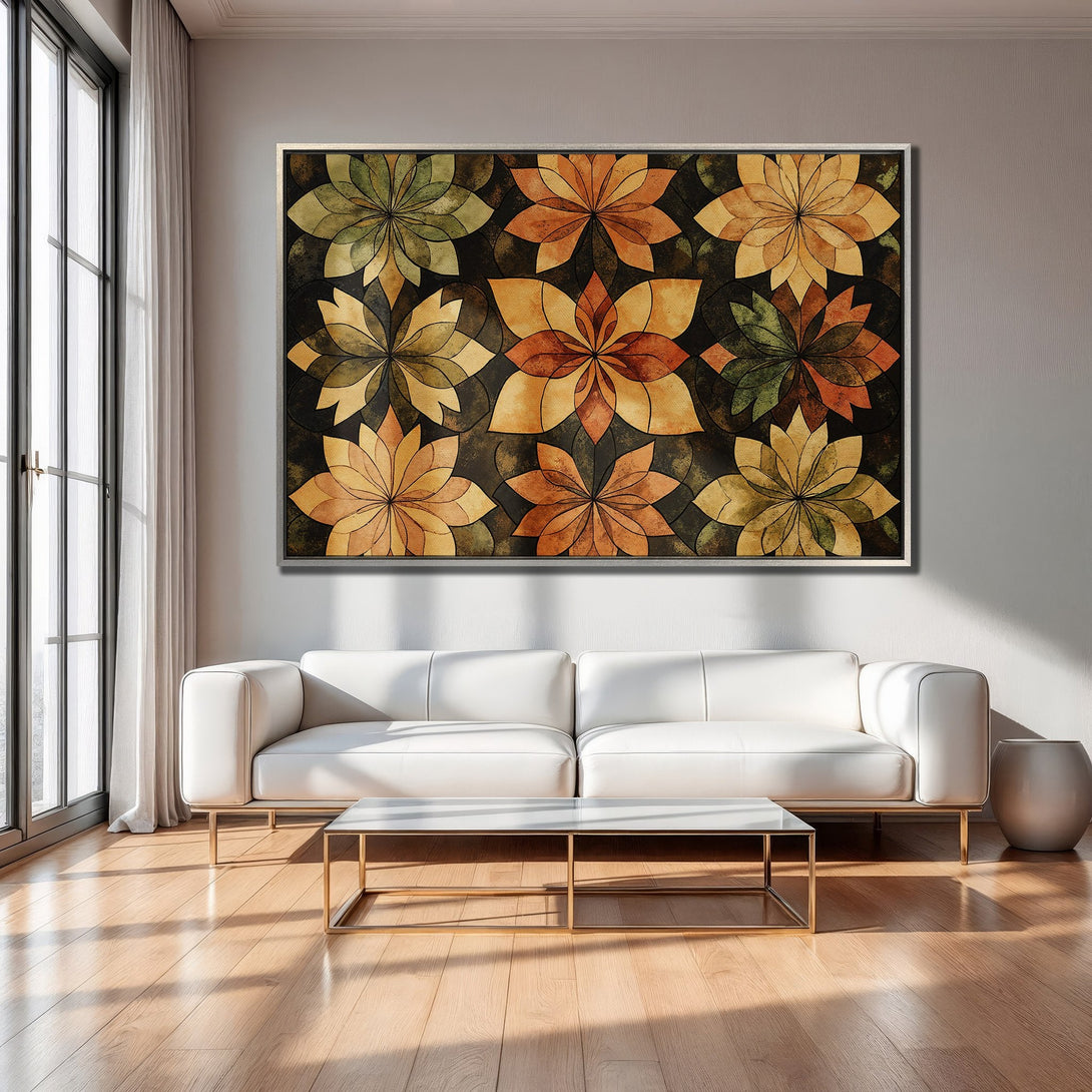Framed Wall Art featuring floral design in warm earth tones. Modern interior decor with a stylish Canvas Print, perfect for living room or bedroom.